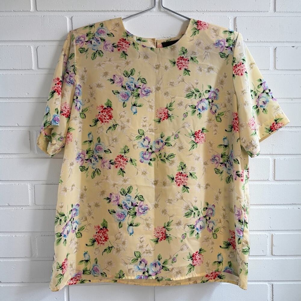 Notations Vintage Floral Blouse Pastel Yellow Short Sleeve Top Size 12